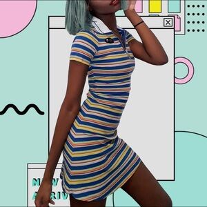 Dolls Kill x Delias Stripe Polo Zipper Mini Dress Ribbed Knit Rainbow Collared